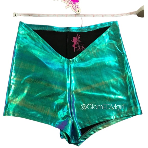 New Iridescent Green Rave Shorts - Picture 2 of 6